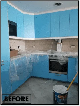 A kitchen with blue cabinets and a microwave. 